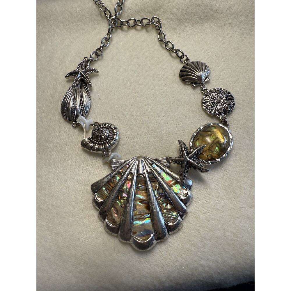 Coastal Silver Tropical Shell Necklace Cruise Wear Abalone